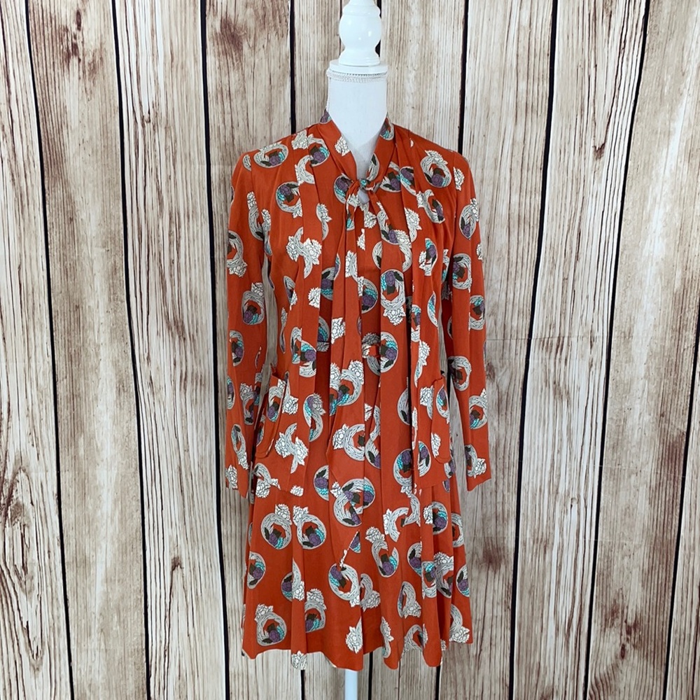 Patty O’Neil Vintage Orange Floral Patterned Dress w/Coordinating Belt, & Jacket